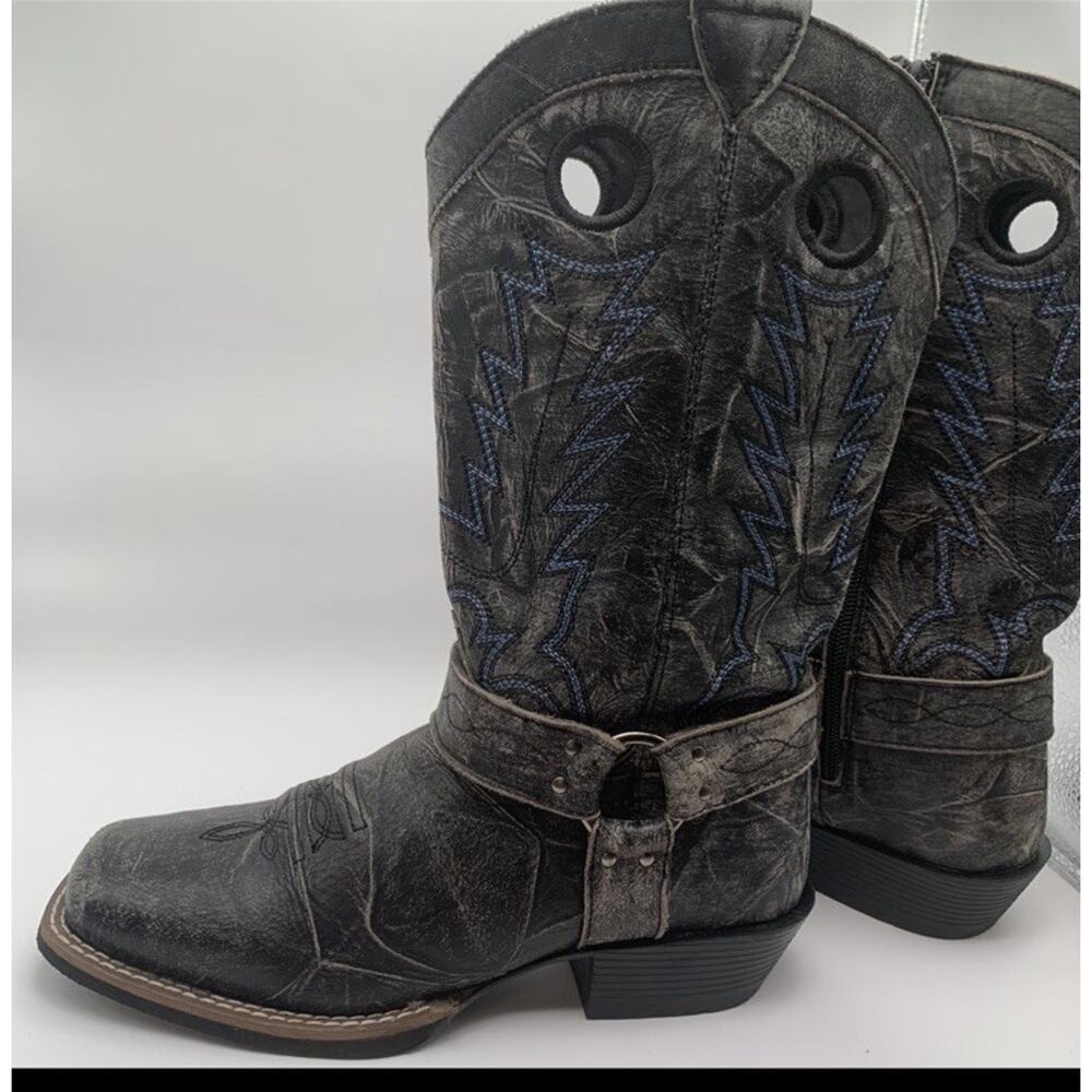Smoky Mountain Youth Cowboy Boots Black Gray Distress Leather 3.5R Runs Big 4.5 - Picture 2 of 12